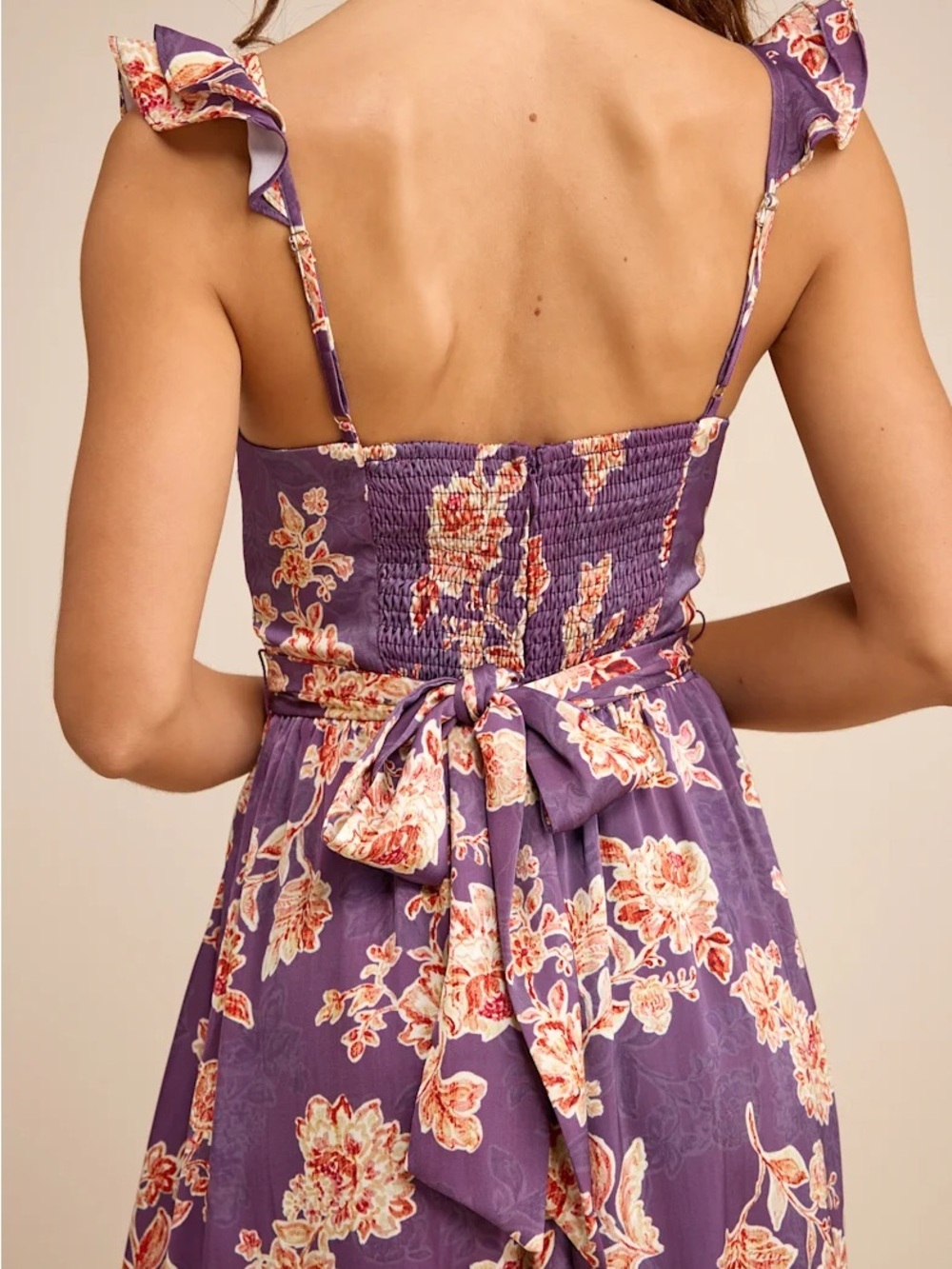 Lulus Sweet Like Sangria Purple Floral Ruffled Bustier Midi Dress - Picture 5 of 8